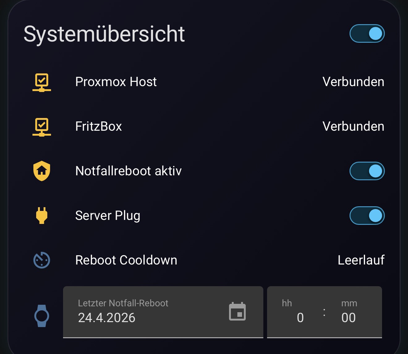 Systemübersicht mit Host, FritzBox, Notfallreboot, Server Plug, Cooldown und Datumsfeld