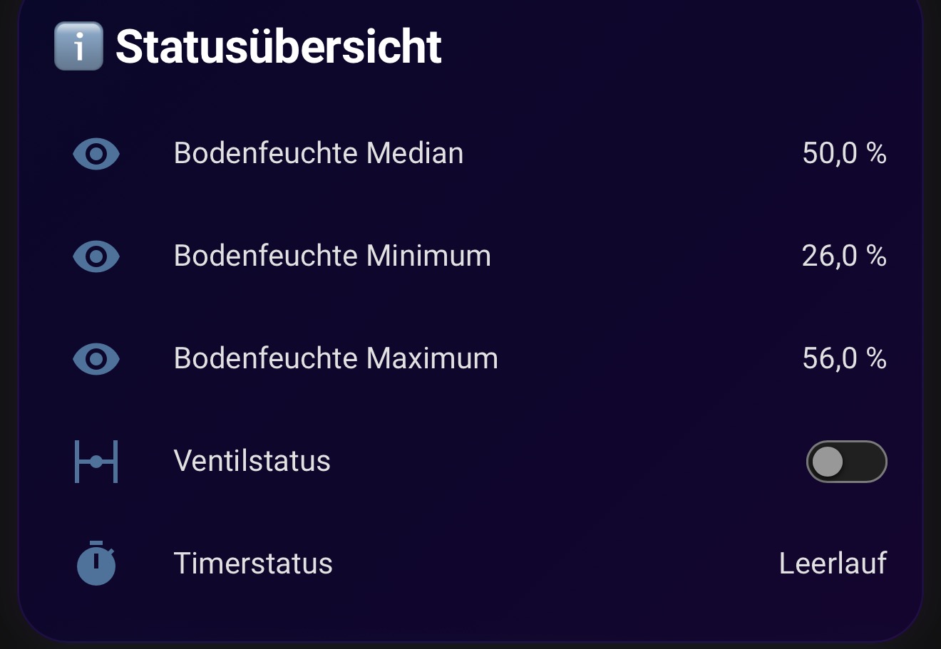 Die zusammengefassten Feuchtewerte sowie Ventil- und Timerstatus in einer kompakten Übersicht.
